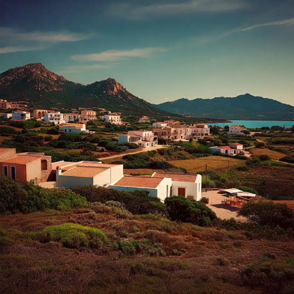 Borgo di Oniferi in provincia di Nuoro, Sardegna, panorama sulle case, la montagna e il mare