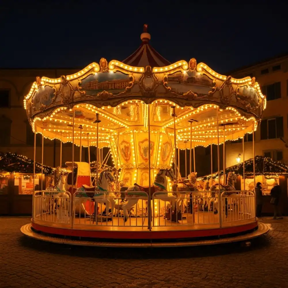 Giostra al mercatino di Natale di Viterbo sul cui sfondo ci sono delle bancarelle