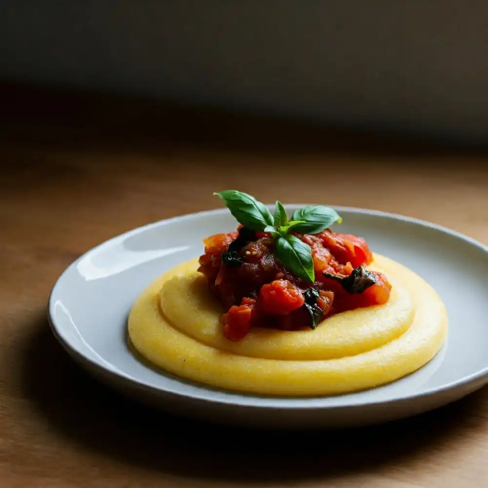 Polenta con pomodoro e basilico, su un piatto bianco elegante