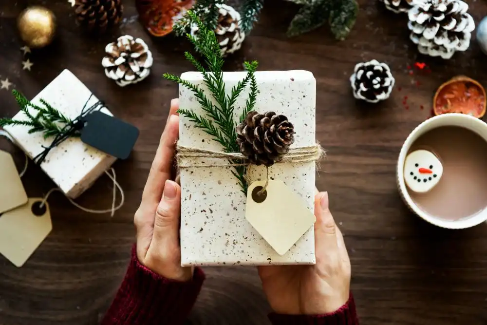 Regalo di Natale decorato con carta bianca e una piccola pigna, intorno altre decorazioni natalizie